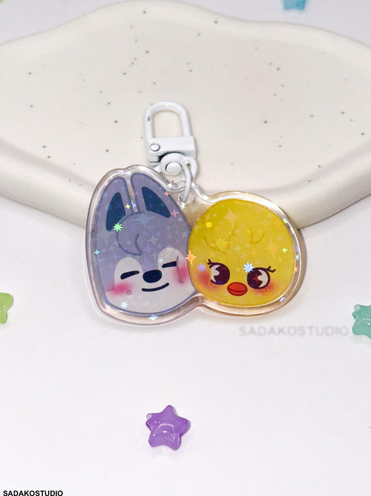 ChanLix Acryl Keychain mit holographischen Glitzer Sternen, Stray Kids SKZOO acrylic Anhänger, Bangchan & Felix