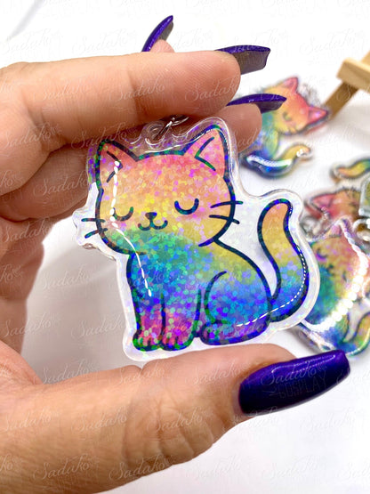 LGBTQ+ Pride Kätzchen Acrylic Keychain mit Epoxy & Holo-Glitter-Effekt