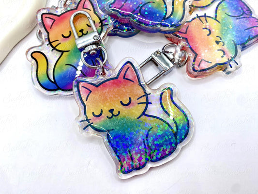 LGBTQ+ Pride Kätzchen Acrylic Keychain mit Epoxy & Holo-Glitter-Effekt