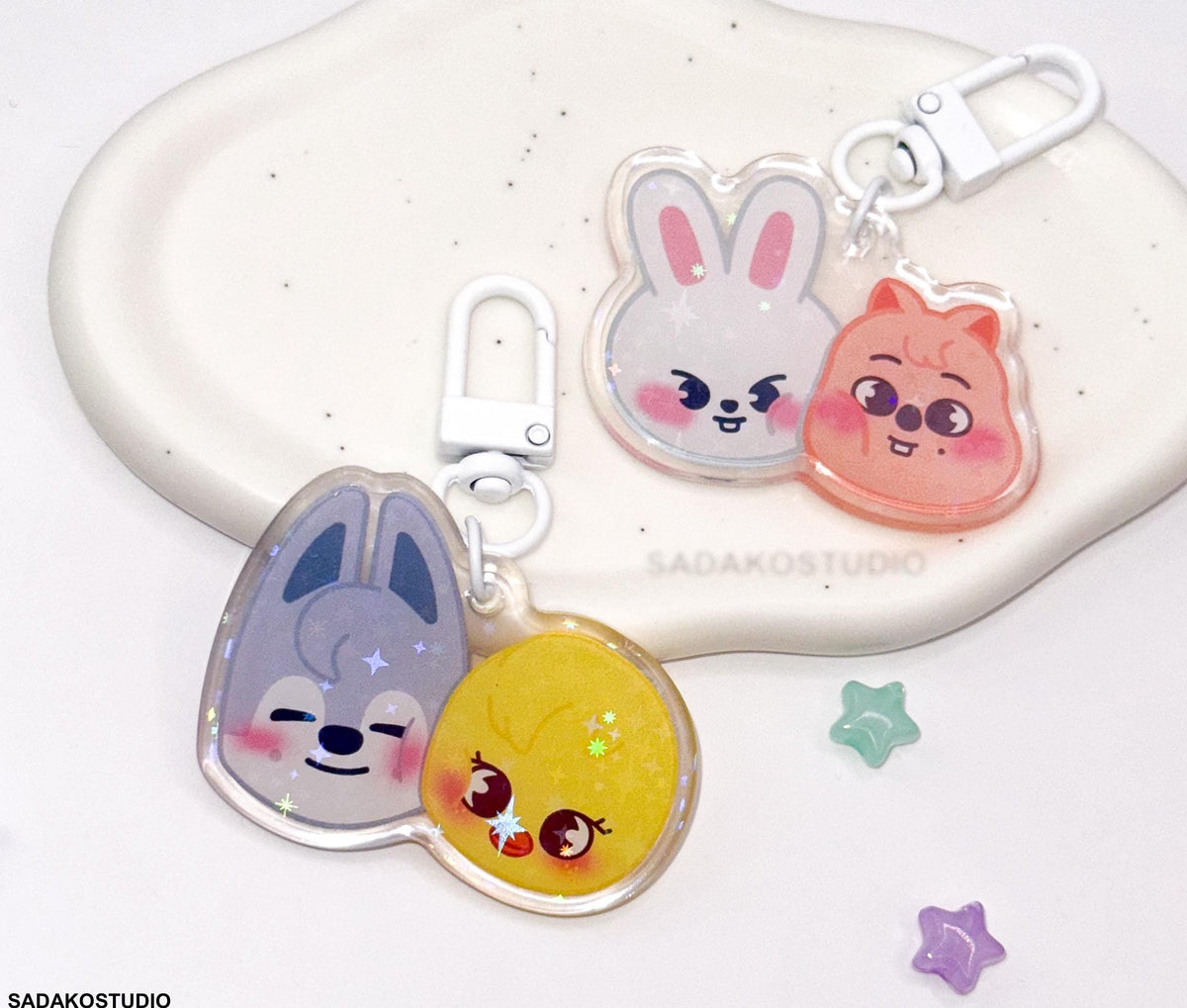ChanLix Acryl Keychain mit holographischen Glitzer Sternen, Stray Kids SKZOO acrylic Anhänger, Bangchan & Felix
