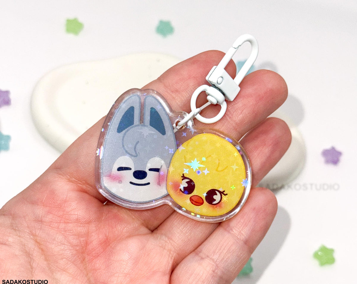 ChanLix Acryl Keychain mit holographischen Glitzer Sternen, Stray Kids SKZOO acrylic Anhänger, Bangchan & Felix