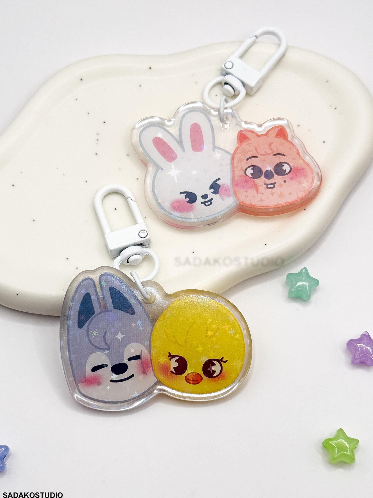 ChanLix Acryl Keychain mit holographischen Glitzer Sternen, Stray Kids SKZOO acrylic Anhänger, Bangchan & Felix