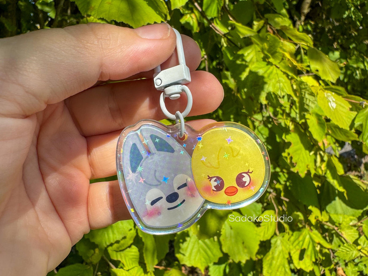 ChanLix Acryl Keychain mit holographischen Glitzer Sternen, Stray Kids SKZOO acrylic Anhänger, Bangchan & Felix