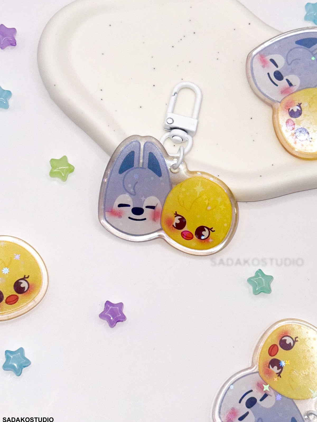 ChanLix Acryl Keychain mit holographischen Glitzer Sternen, Stray Kids SKZOO acrylic Anhänger, Bangchan & Felix