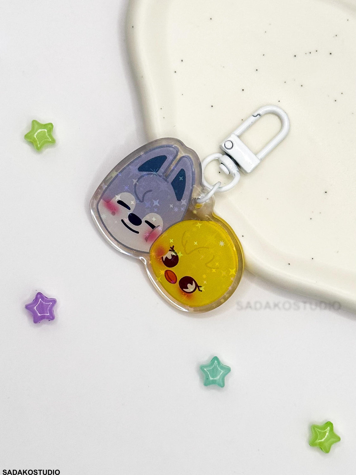 ChanLix Acryl Keychain mit holographischen Glitzer Sternen, Stray Kids SKZOO acrylic Anhänger, Bangchan & Felix