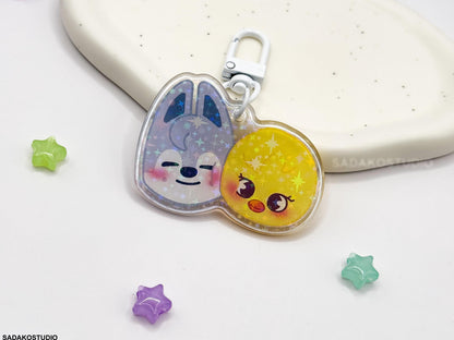 ChanLix Acryl Keychain mit holographischen Glitzer Sternen, Stray Kids SKZOO acrylic Anhänger, Bangchan & Felix