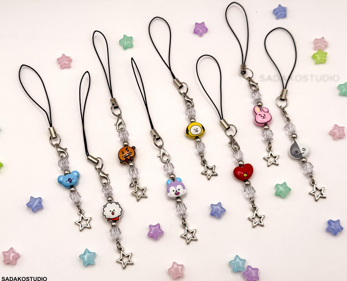 Bangtan Phone Charm | Handgemachter Handyanhänger mit Perlen | 8 Charaktere & 2 Varianten | K-Pop Accessoire für ARMYs