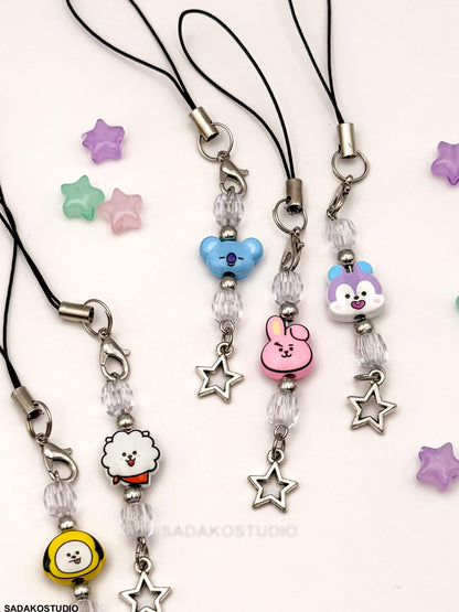 Bangtan Phone Charm | Handgemachter Handyanhänger mit Perlen | 8 Charaktere & 2 Varianten | K-Pop Accessoire für ARMYs