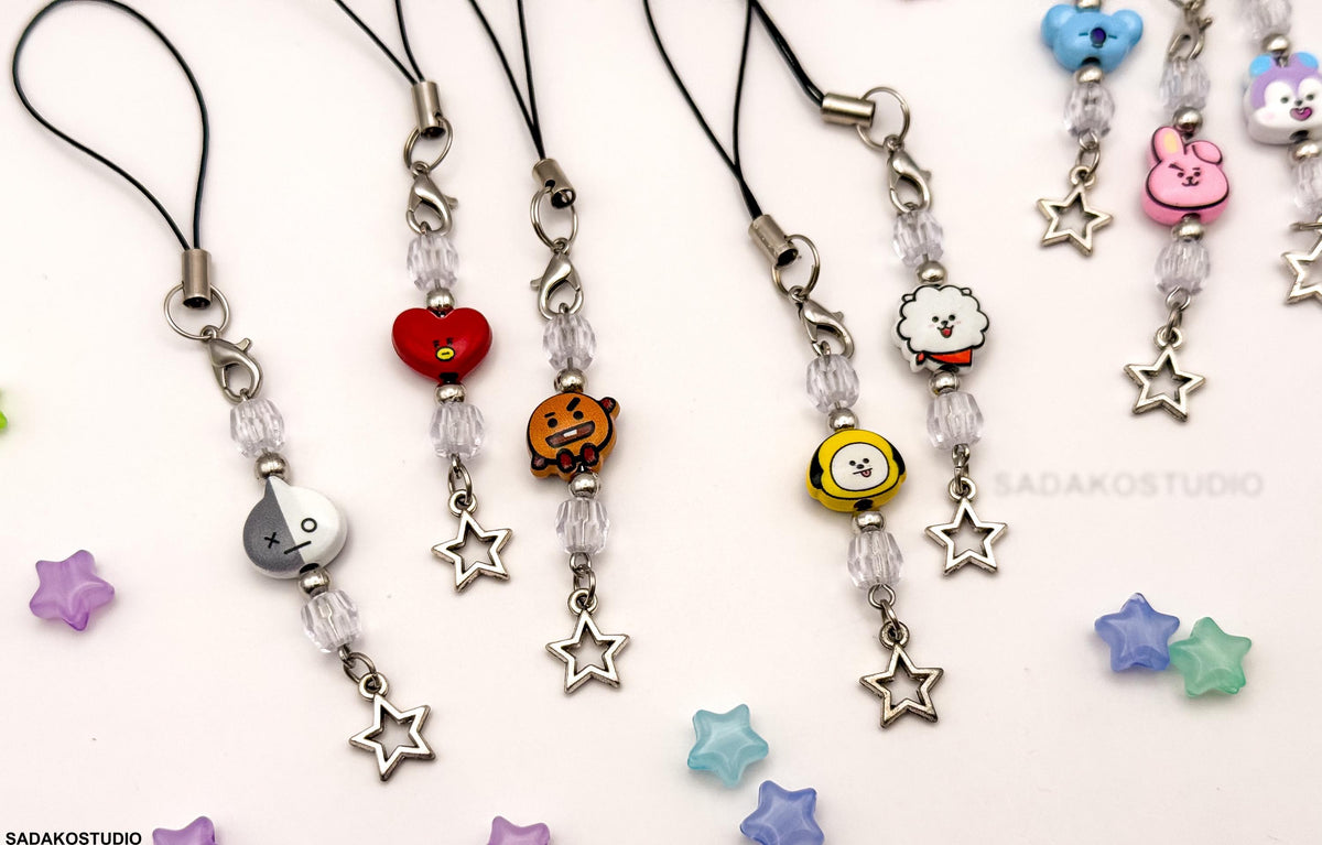 Bangtan Phone Charm | Handgemachter Handyanhänger mit Perlen | 8 Charaktere & 2 Varianten | K-Pop Accessoire für ARMYs