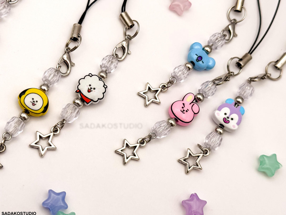 Bangtan Phone Charm | Handgemachter Handyanhänger mit Perlen | 8 Charaktere & 2 Varianten | K-Pop Accessoire für ARMYs